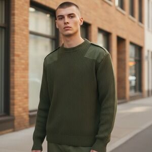 Defense Logistics Sweater Size 40 Olive Green 100% Wool Elbow Patch Military